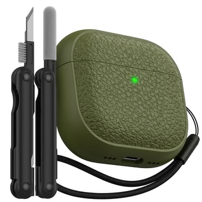 Leger groen hoesje voor oordopjes unisex met textuur en draagkoord geschikt voor AirPods Pro 2 inclusief reinigingsset en TPU beschermhoes