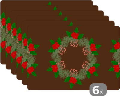 Placemat - Placemats kunststof - Kerstkrans - Hulst - Patronen - 45x30 cm - 6 stuks - Hittebestendig - Anti-Slip - Onderlegger - Afneembaar