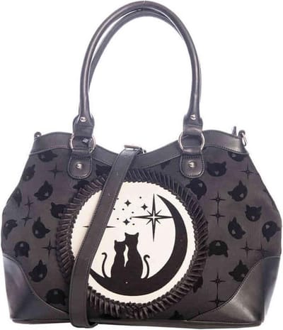 Banned Handtas LUNAR SISTERS Zwart - Ruime Shopper met Twee Zwarte Katten zittend op de maansikkel - (bxhxd) ca. 46cm x 29cm x 14cm