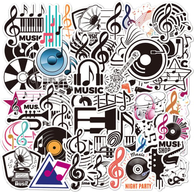 Muziek sticker set met Muzieknoten, Muzieksleutels en Muziekinstrumenten (Gitaar, Piano, Grammofoonplaat) - 50 stickers