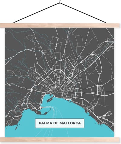 Posterhanger incl. Poster 40x40 cm - Schoolplaat - Mallorca - Stadskaart - Blauw - Plattegrond - Kaart - Textielposter - Blanke latten - Stadskaart