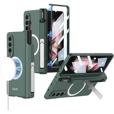 Pour Magsafe Samsung Galaxy Z Fold 3 Case Chargement sans fil Charnière magnétique Porte-stylo Béquille Antichoc Couverture rigide Accessoires for Galaxy Z Fold 3&case only (no pen) gray