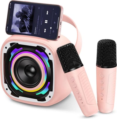Karaoke Machine met Draadloze Microfoons voor Kinderen en Volwassenen - Bluetooth Speaker met Dynamische Verlichting, Telefoonhouder en Stemveranderaar - Roze
