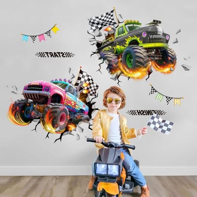 Grote 3D Racing Auto Muurstickers voor Jongens - Verwijderbare Wanddecoratie voor Kinderkamer en Speelkamer met Trucks en Breekdoor Effect