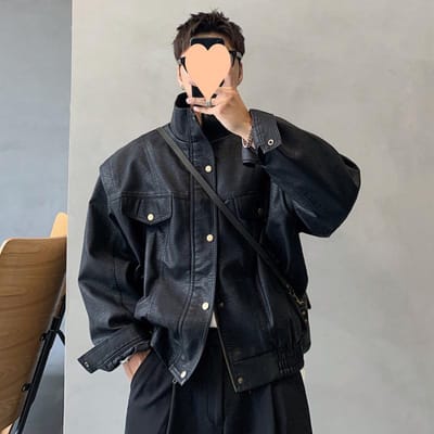 Veste en Cuir PU Noir pour Homme Manteau de Printemps Veste Courte 4XL black