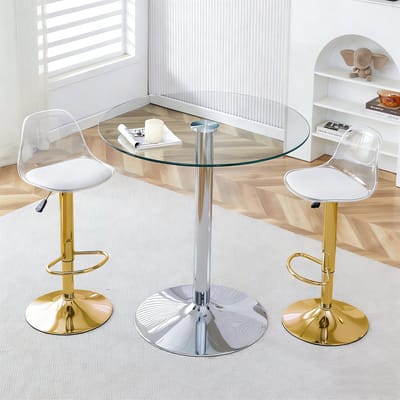 Flexibele barset: glazen tafel van 89 cm + 2 barkrukken met goudkleurige poten, in hoogte verstelbaar en draaibaar. • Transparante look • 360° draaibaar • Veelzijdig in gebruik. Creëert een ruimtelijk effect en bespaart ruimte.