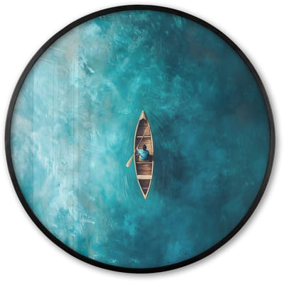 Poster in lijst Rond - Fotolijst 60x60 cm - Posters - Bootje - Water - Blauw - Ronde posterlijst zwart - Decoratie - Wanddecoratie woonkamer - Muurdecoratie slaapkamer
