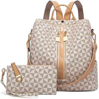 MIVRAY Rugtassen - Lichtgewicht Rugzak Set Rugzak Portemonnee Met Ruime Binnenkant Voor Sleutels, Kaarten En Cosmetica, Dames Rugzak En Portemonnee Set, PU, Crèmewit