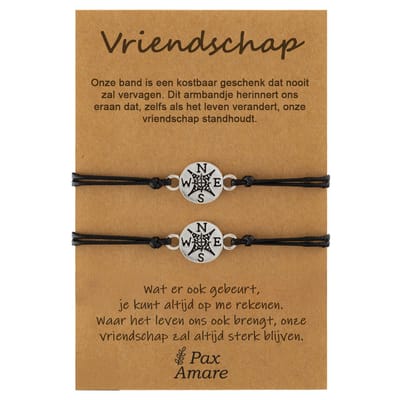 Vriendschapsarmbandjes voor 2 "Vriendschap" - Kompas - BFF Armbandjes met Cadeau Kaartje - Zilverkleurig - Elastisch Verstelbaar - Pax Amare