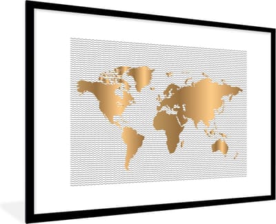 Poster in lijst - Fotolijst 90x60 cm - Posters - Wereldkaart - Goud - Patroon - Kinderen - Jongens - Meisjes - Posterlijst zwart - Decoratie - Wanddecoratie woonkamer - Muurdecoratie slaapkamer