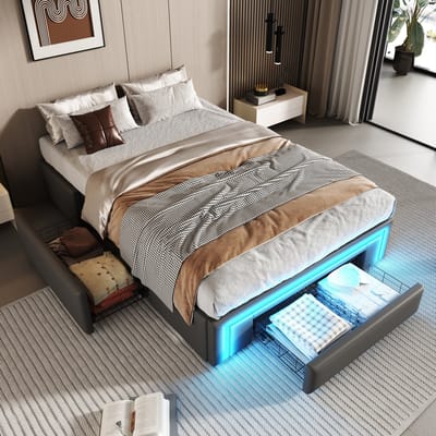 DESMIU Gestoffeerd Bed 90x200cm – Led Met Kleurwissel – Slaapbank Met Meerdere Laden – Voor Moderne Slaapkamer – Pu Leer – Grijs – Zonder Matras