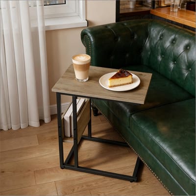 OKWISH Bijzettafel - C-Vorm Met Zijvak - Voor Bank En Bed - Metaal En Hout In Grijs Houteffect - 55x36x59,5 cm