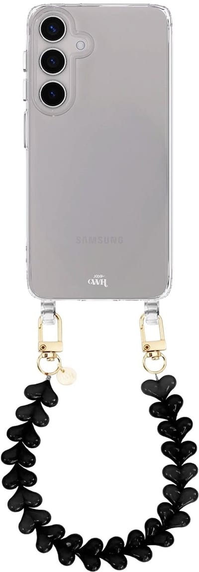 xoxo Wildhearts siliconen hoesje geschikt voor Samsung Galaxy S26 Plus hoesje - Funky Hearts (Black) - Telefoonhoesje - Hoesje met koord - Zwart koord - kort telefoonkoord - Hartjes ketting - Transparant hoesje