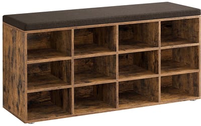 Schoenenbank Schoenenrek Opbergkast met 12 open vakken en zacht, comfortabel kussen Max. belasting 200 kg Geschikt voor hal en slaapkamer 30.3 x 104 x 48 cm bruin