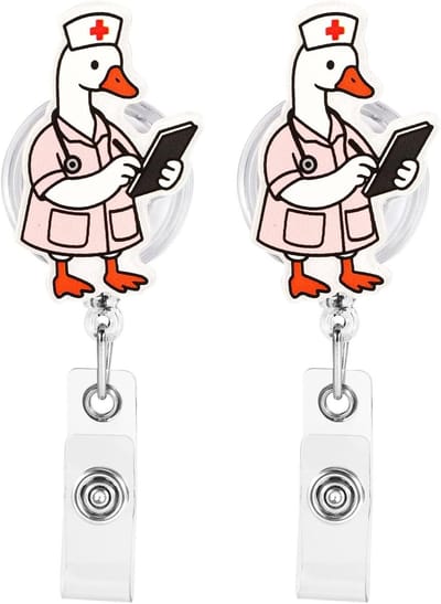 2 Stuks Retractable Badge Reel met Acryl Dumb Goose Design voor Zorgpersoneel en ID Kaart Houder Decoratie