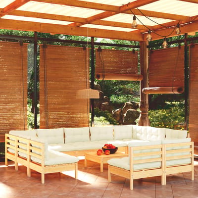 vidaXL - 12-delige - Loungeset - met - crèmekleurige - kussens - grenenhout
