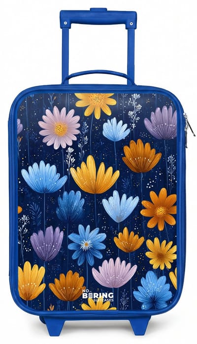 NoBoringSuitcases.com® - Kinderkoffer blauw - Kindertrolley jongen - Bloemen op een donkerblauwe achtergrond - Koffer kind lichtgewicht - Reiskoffer trolley voor kinderen - Koffertje met lichtgevende wieltjes - Rolkoffer