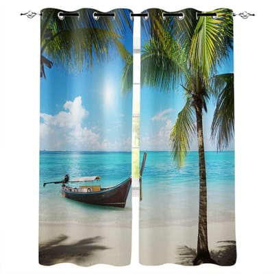 Strandlandschap Palmbomen Rif 3D-print Gordijnen Woonkamer Slaapkamer Gordijn Noodzakelijke Huisdecoratie Kinder Raamgordijnen W50H130(CM)x2&Hook blue