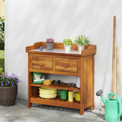 Houten Tuinkast - Opbergkast Tuin - Tuinspullen Opbergen - Massief Acacia Hout - 78x36.5x78 cm - Bruin