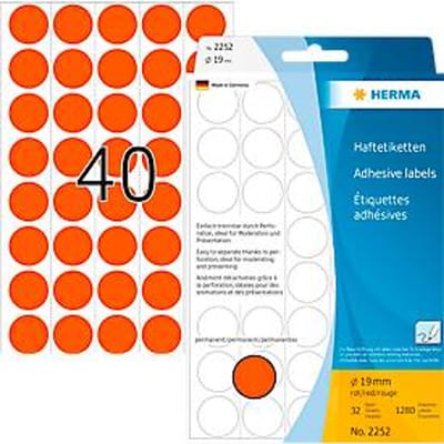 HERMA zelfklevende stippen 2252, Ø 19 mm, zelfklevend, permanent, met de hand beschrijfbaar, 1280 stuks op 32 vellen, FSC®-papier, rood