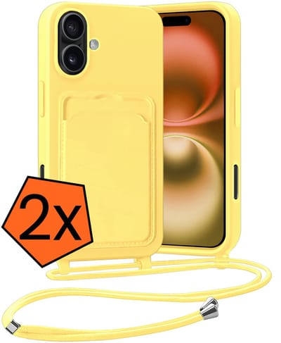Hoesje Geschikt voor iPhone 16 Plus Hoesje Met Telefoonketting Pasjeshouder Case Koord - Hoesje Geschikt voor iPhone 16 Plus Hoes Met Kaarthouder - Geel - 2 PACK