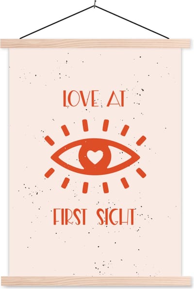 Posterhanger incl. Poster 87x120 cm - Schoolplaat - Love at first sight - Quotes - Spreuken - Relatie - Stel - Textielposter - Blanke latten