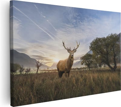Artaza Canvas Schilderij Hertenkop - 30x20 cm - Klein - Wanddecoratie Gewei - Muurdecoratie Natuur - Kamer Accessoires Bergen