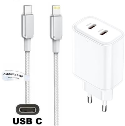 OneOne 35W snellader met 2 poorten USB C en USB C + 2,0m USB C naar Lightning kabel. Witte PD lader. Oplader adapter past op iPhone 8 t/m iPhone 14