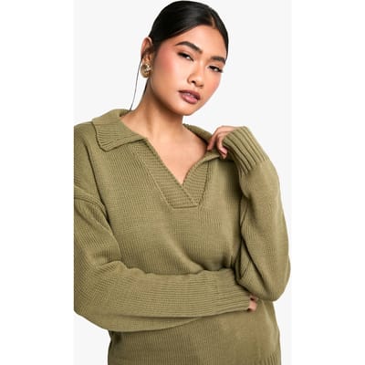 boohoo Dames Gebreide Trui met Kraagdetail | Khaki | Maat: Small