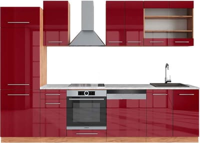 Vicco Fame-Line Complete keukeneenheid – 300 cm, WB Marmer Bordeaux hoogglans/gouden eik