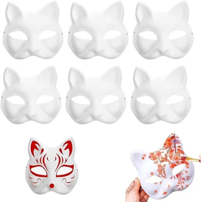 6 stuks Halloween kattenmaskers 18 x 17 cm - Therian masker in wit - Handbeschilderd voor Halloween-feestjes