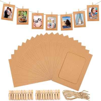 Dailygoody - Fotolijsten - Bruin Papier - 20 stuks - DIY Fotolijsten - Inclusief Houten Klemmen - Geschikt voor Wanddecoratie