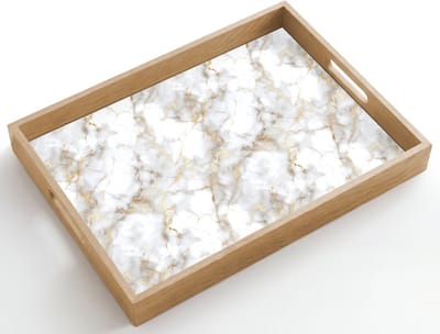 Dienblad hout 50x35 cm - Schootdienblad - Gouden aders - Marmer - Wit - Borrelplank rechthoek - Plateau dienbladen