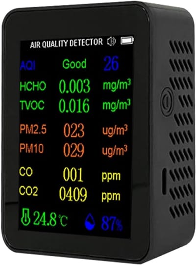 Luchtkwaliteit Tester - Luchtkwaliteit Meter - Binnenklimaat Meten - 9-in-1 Metingen - 70 x 90 x 35 mm - Zwart