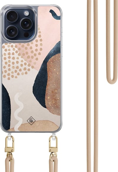 Casimoda® hoesje met beige koord - Geschikt voor iPhone 15 Pro Max - Abstract Dots - Afneembaar koord - TPU/polycarbonaat - Bruin/beige