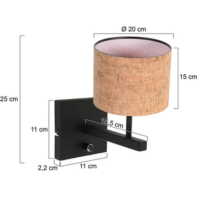 Wandlamp Stang 4352ZW met beige kurk kap en zwart metalen armatuur, E27 fitting, ideaal voor binnengebruik, merk Steinhauer, eigentijdse stijl
