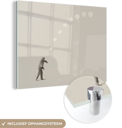 MuchoWow® Glasschilderij 120x90 cm - Schilderij acrylglas - Vintage - Maan - Man - Foto op glas - Schilderijen