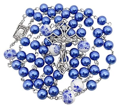 Rozenkrans met Blauwe Parel en Witte Bloemen | Katolieke Ketting voor Gebed en Meditatie
