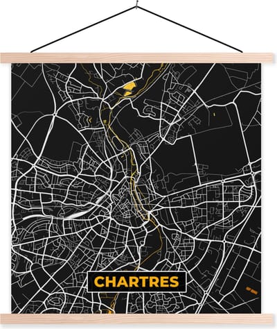 Posterhanger incl. Poster 40x40 cm - Schoolplaat - Plattegrond - Kaart - Chartres - Frankrijk - Stadskaart - Textielposter - Blanke latten - Stadskaart