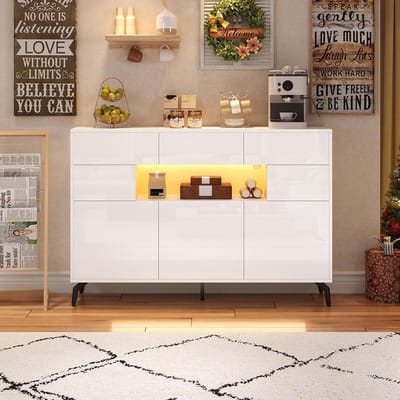 BLACKCOLORS Salonbuffet 140*30*94 cm, met 3 laden en 5 kasten, glanzende ladekast met LED-lichtstrip, kast met 5 metalen poten, breedte 140 cm, MDF, wit