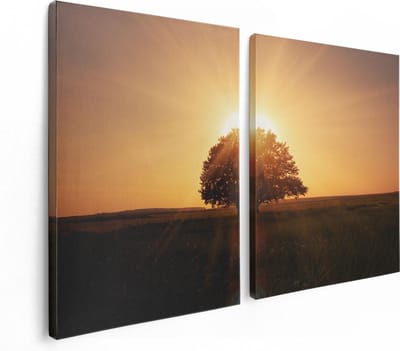 Artaza Canvas Schilderij Tweeluik Zonsondergang Achter Een Grote Boom - 120x80 - Foto Op Canvas - Canvas Print
