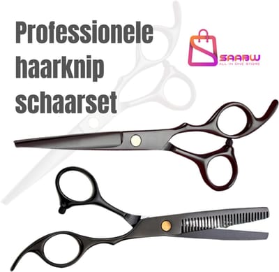 Set Professionele Kappersschaar + Effileerschaar 17cm – Haar Knippen, Trimmen & Uitdunnen – trimmer – kappersset – Zwart – 75334 / 75341