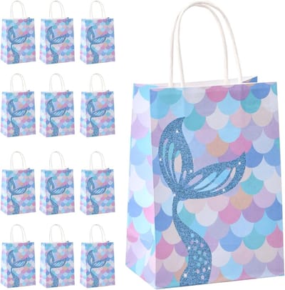 Set van 12 Kleurrijke Cadeauzakken voor Feestjes, Kraft Papieren Tassen met Handvat, Ideaal voor Verjaardagen en Mermaid Thema's, 15 x 8 x 21 cm