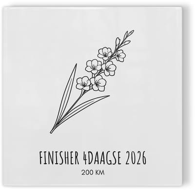 Tegeltje Vierdaagse Nijmegen 2026 Finisher 200 km - wit zwart - Vierdaagse cadeau - tegeltje met gladiool
