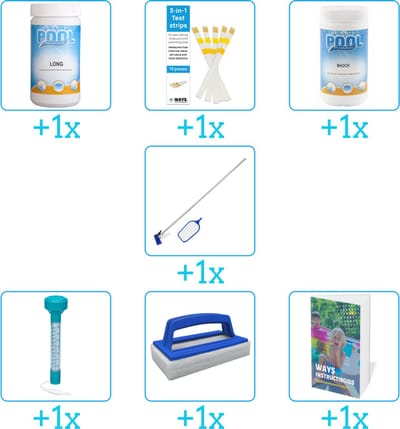 Zwembad Onderhoudspakket - Onderhoud Zwembad - bevat Chloor - Testrips - Chloor - Schoonmaakset - Thermometer - Scrubborstel en Zwembadgids (7-delig)