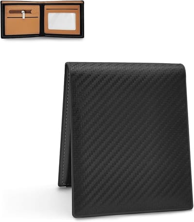 Dunne en slanke leren portemonnee voor mannen met RFID-bescherming, ID-venster en carbonfiber ontwerp