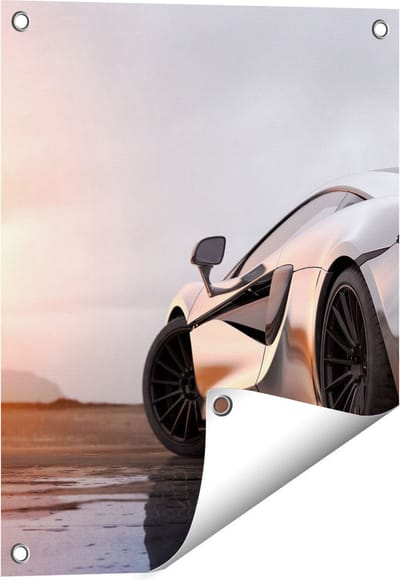 Gards Tuinposter Zilveren Sportwagen Auto bij Zonsondergang - 40x50 cm - Tuindoek - Tuindecoratie - Wanddecoratie buiten - Tuinschilderij