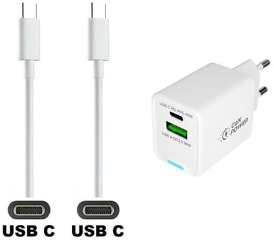 OneOne 45W super snellader met 2 poorten en screenprotector van glas voor iPhone 15 + 0,5m sterke USB C naar C kabel. Witte PD PPS lader. GaN oplader adapter. Screenprotector past op Apple iPhone 15, iPhone 16