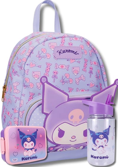 Kuromi Schooltas set 3-delig voor Meisjes – PU Leren Rugzak met Lunchbox en Drinkfles – Paars