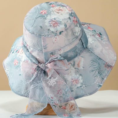 Chapeau de soleil d'été pour femmes, mode, pare-soleil et crème solaire, chapeau de soleil respirant à fleurs pour sortie, organza à large bord, chapeau de plage pare-soleil One size bleu clair